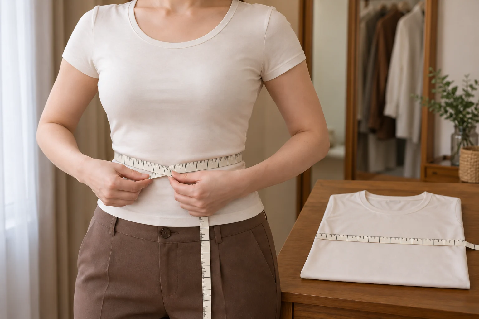 An adult woman holds a soft tape around her waist over a close-fitting ivory T-shirt.
