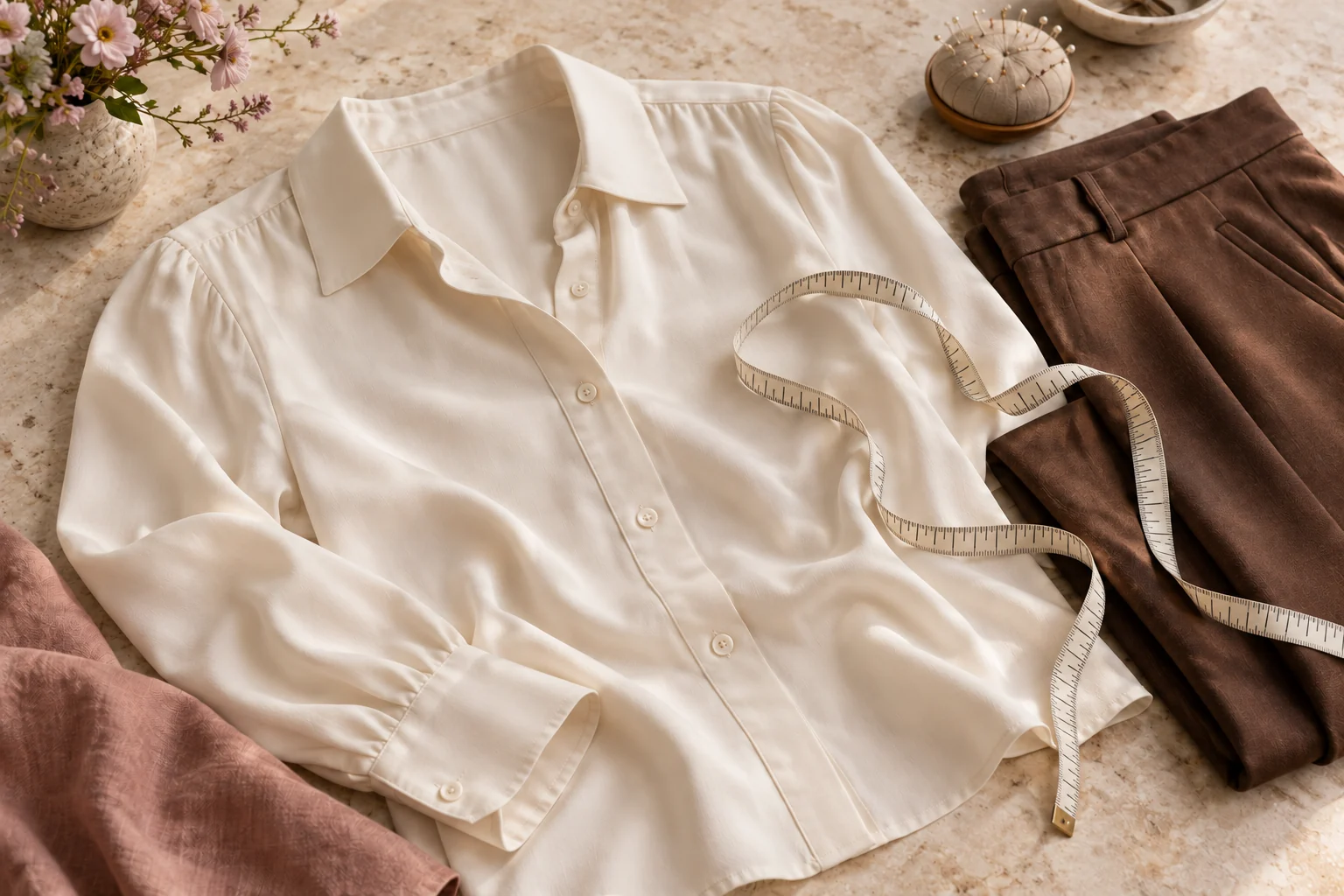 An ivory blouse, folded brown trousers and a soft tape measure on a pale tabletop.