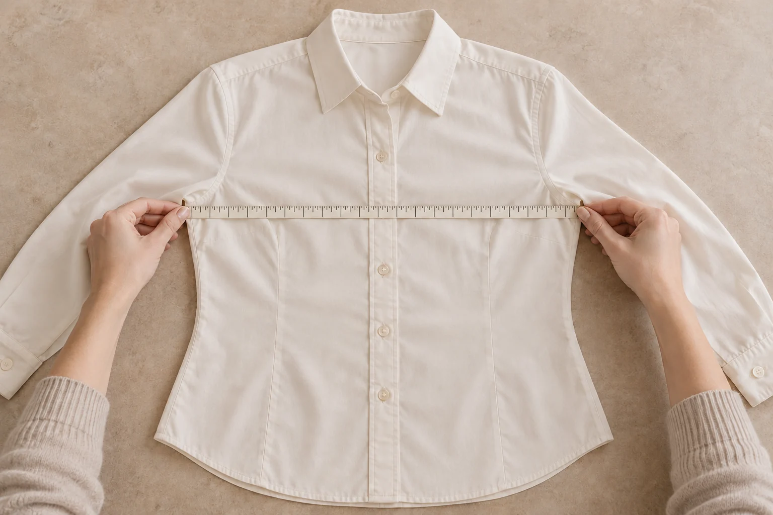 A tailor tape runs between the underarm side seams of a buttoned ivory shirt lying flat.