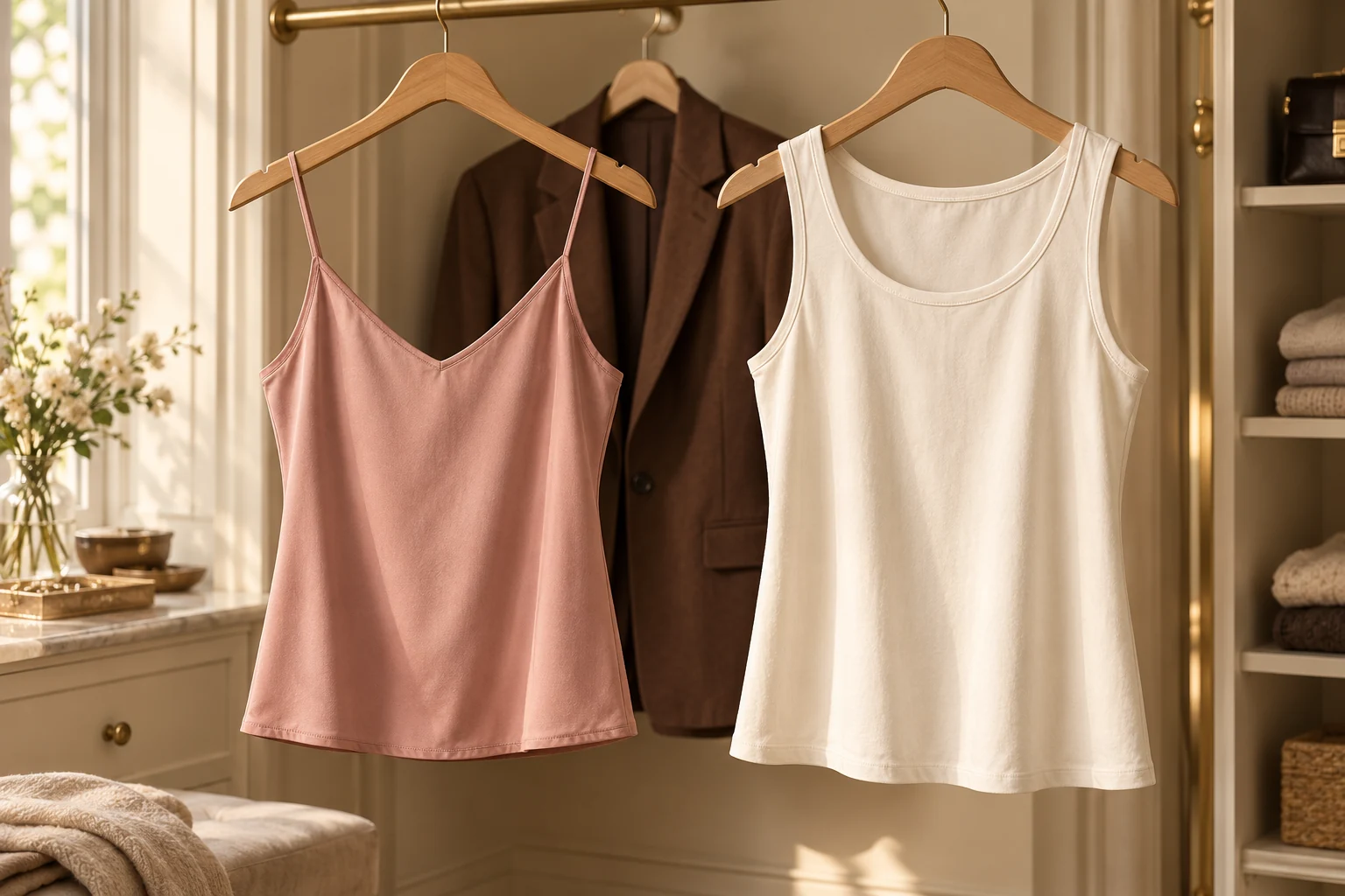 A rose spaghetti-strap camisole and ivory wide-strap tank hang in front of a brown blazer.