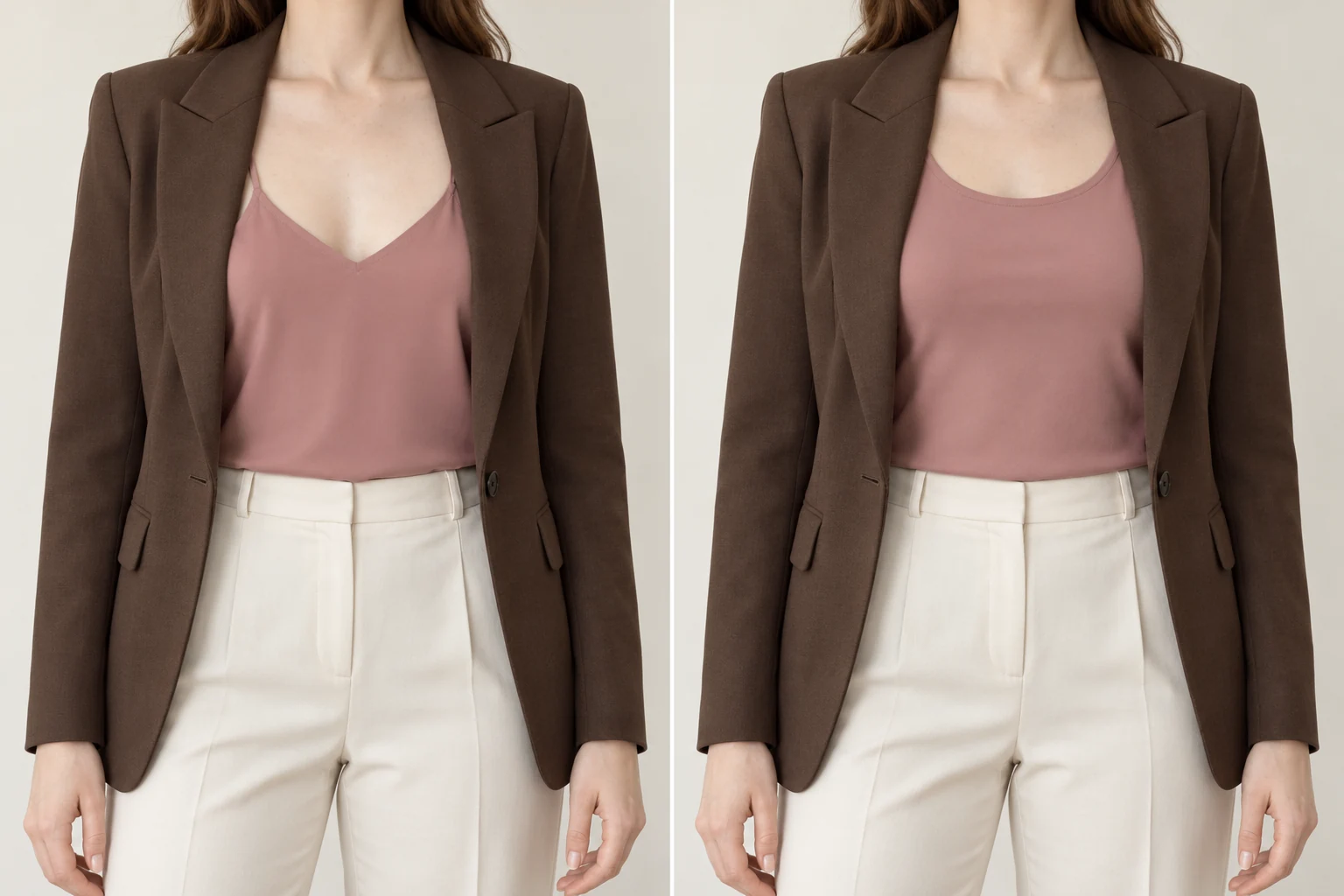 A dusty-rose V-neck camisole and a higher round-neck tank compared beneath the same open brown blazer.