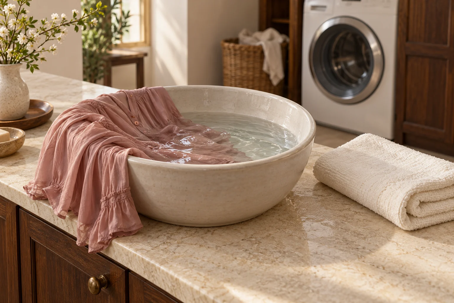 A rose blouse in a washbasin beside a folded towel, with a washing machine in the background.