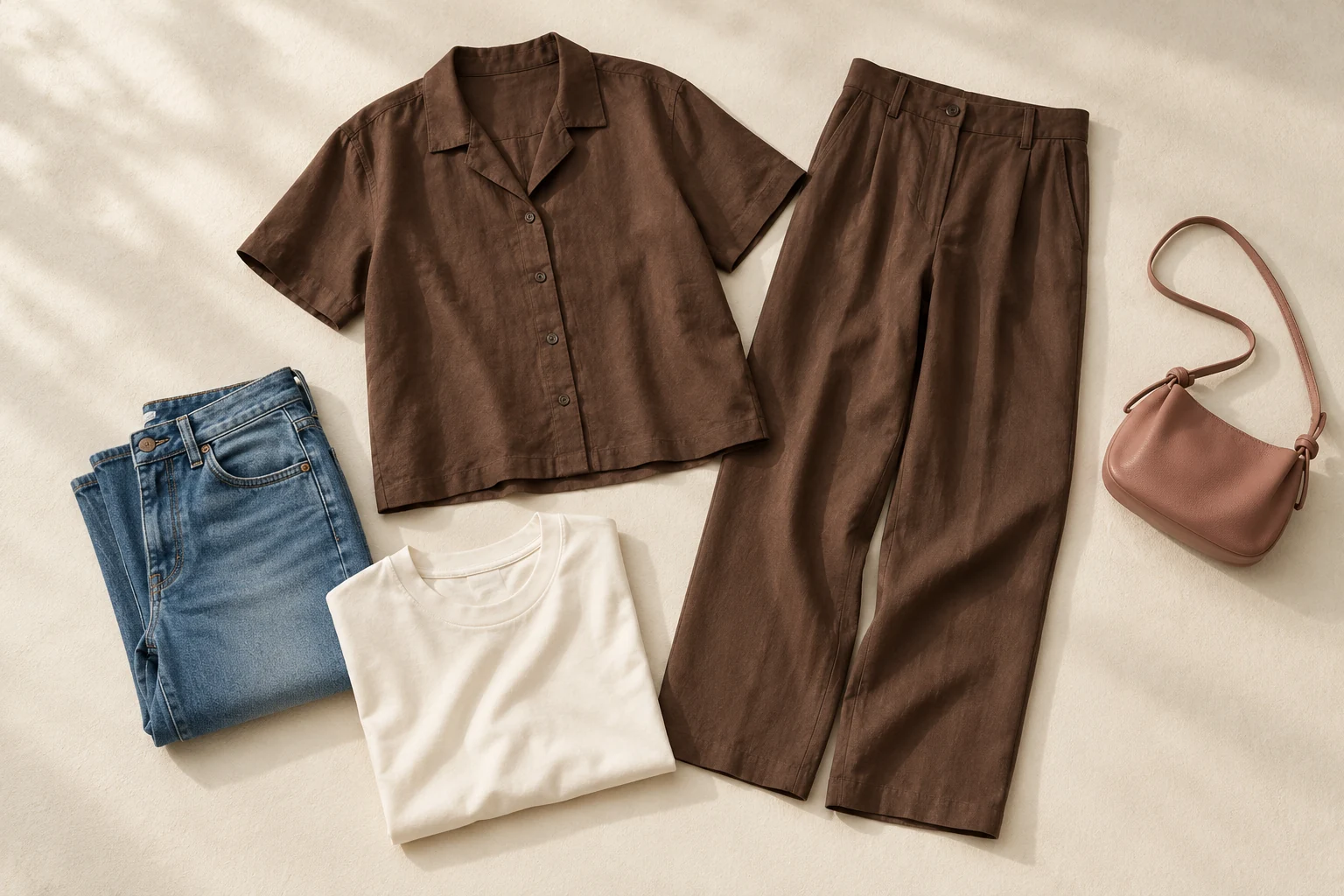 A brown shirt and matching pants laid beside blue jeans, an ivory T-shirt and a rose bag.