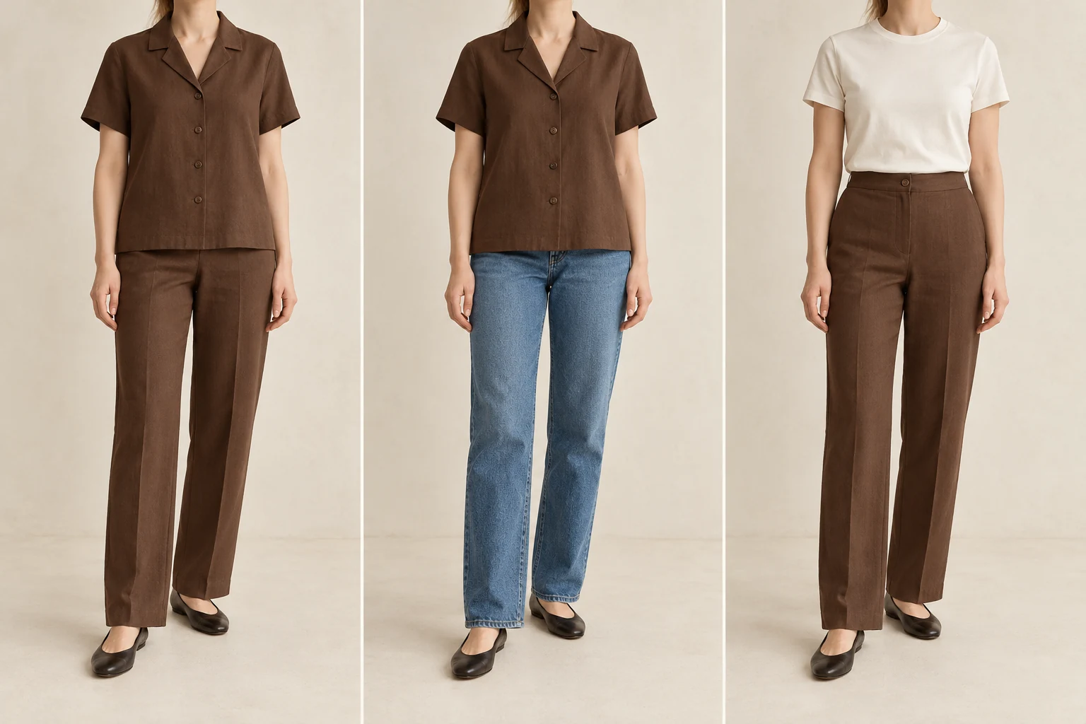 Three outfit combinations: a brown shirt and matching pants, the brown shirt with blue jeans, and the brown pants with an ivory T-shirt.