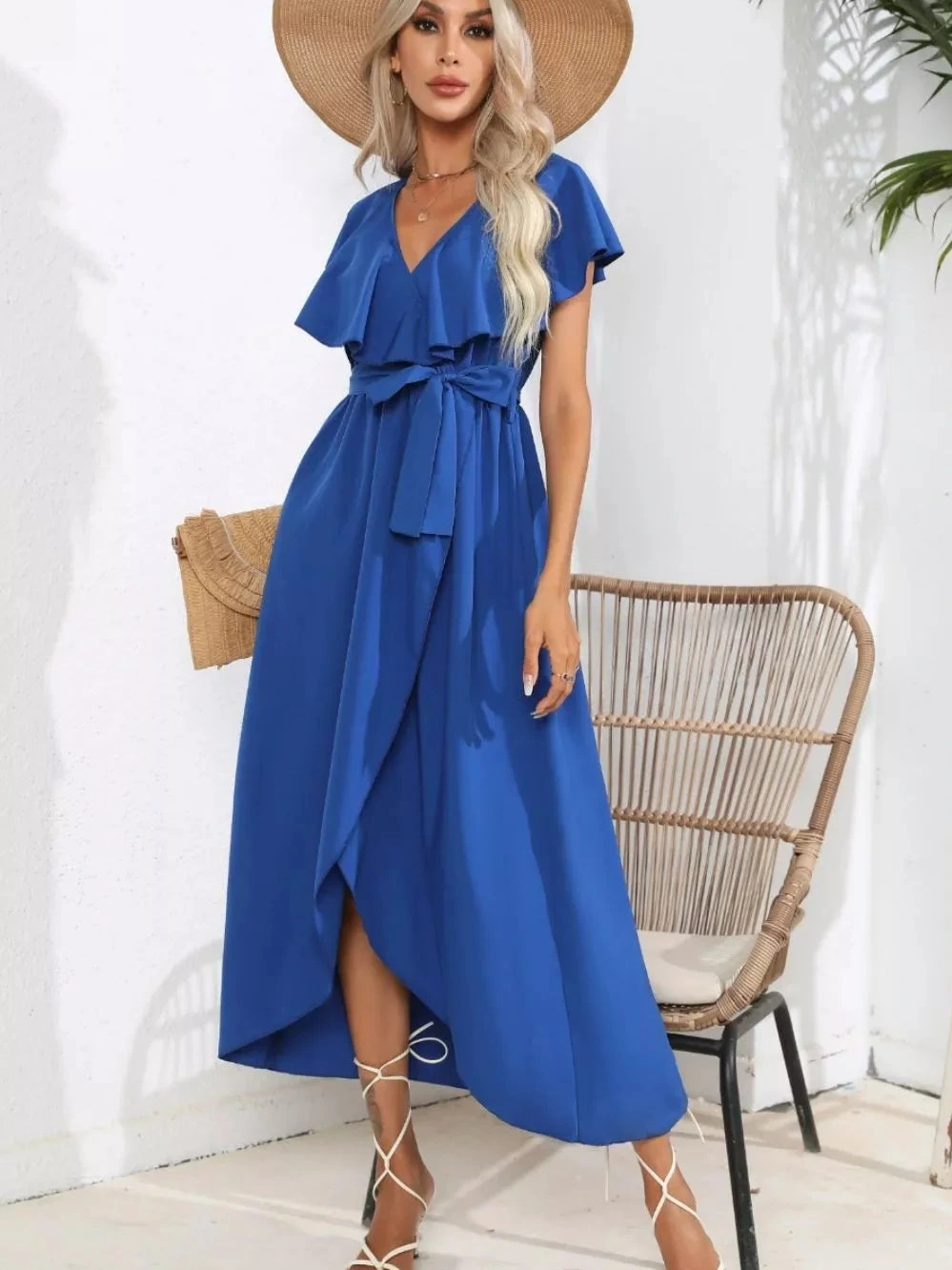 Ruffled Tied V-Neck Midi Dress product photo
