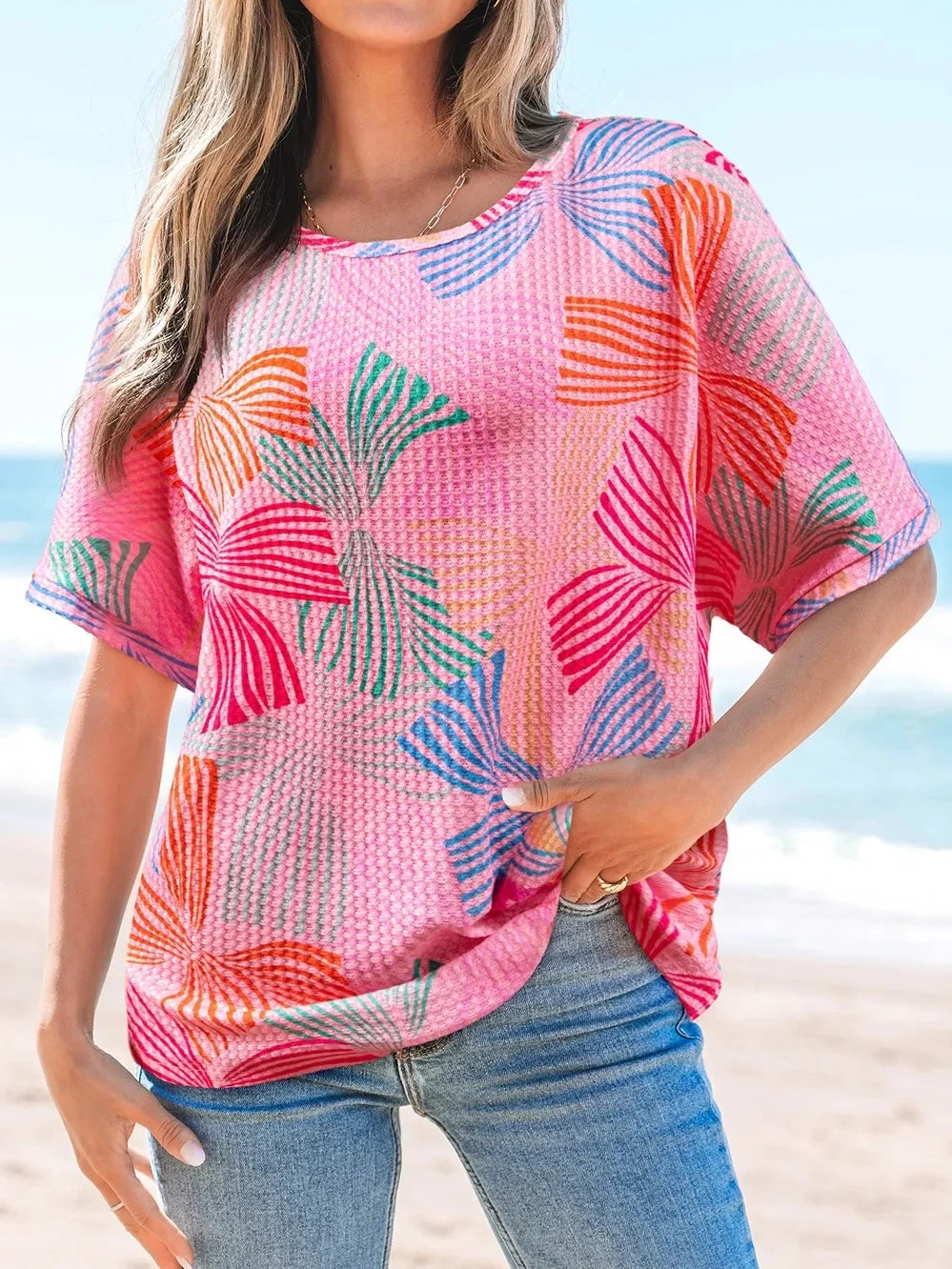 Printed Waffle Knit Oversized T-Shirt product photo