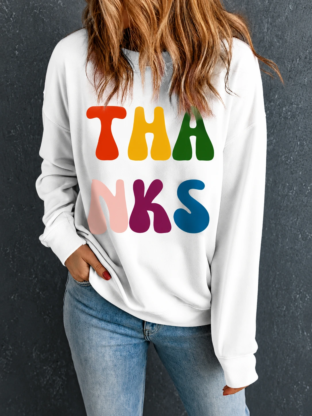 THANKS Round Neck Long Sleeve Sweatshirt product photo