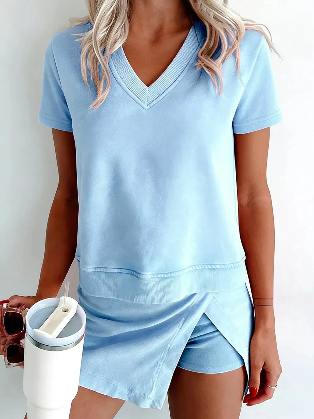 Casual V-Neck Short Sleeve Top and Skort Set product photo