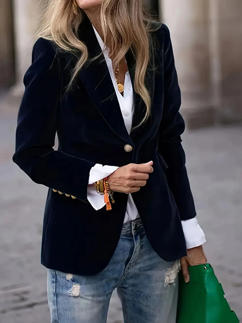 One Button Lapel Collar Long Sleeve Blazer product photo