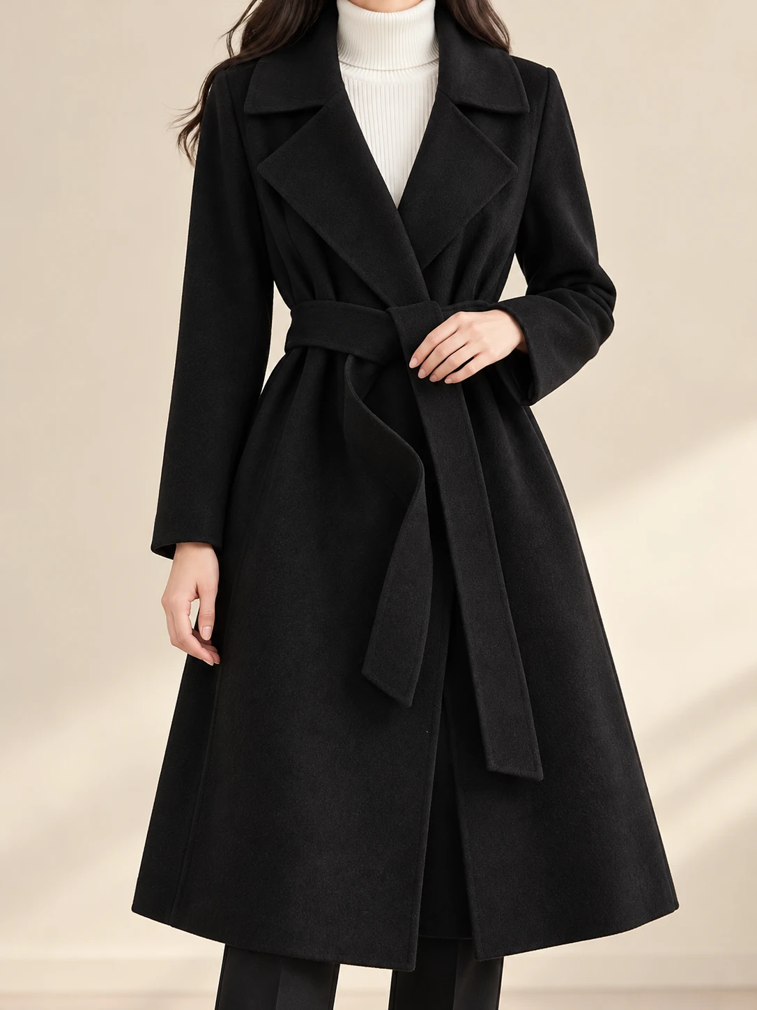 Syncreas Longline Wool Coat with Waist-Defining Belt product photo