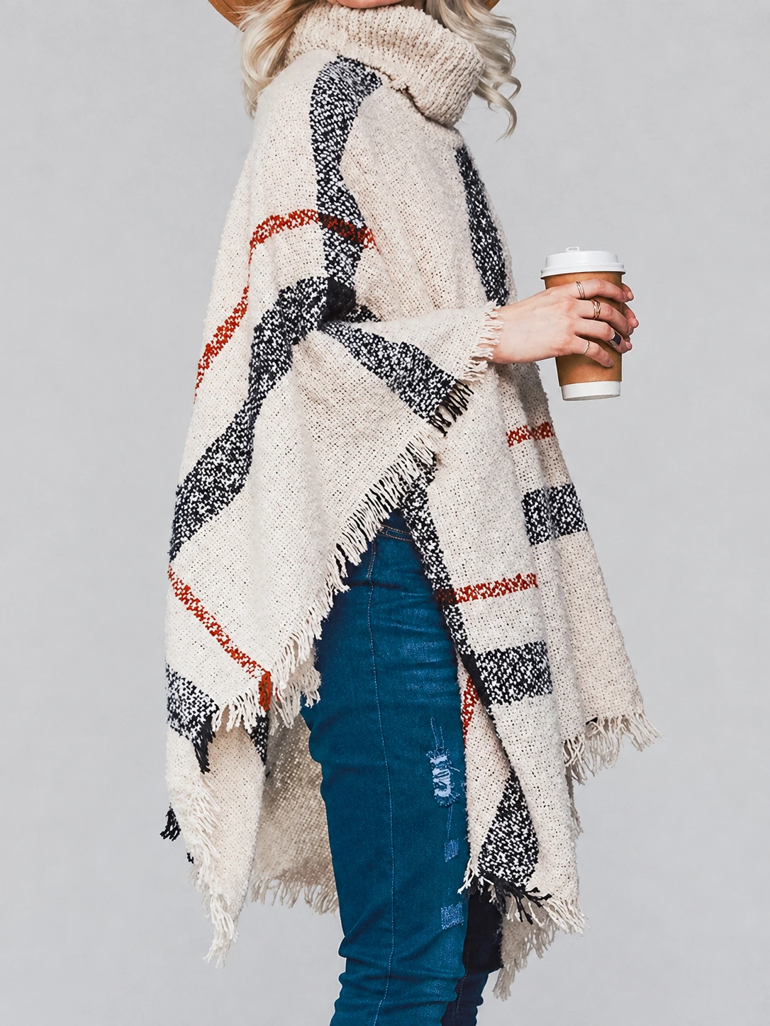 Plaid Turtleneck Raw Hem Poncho product photo