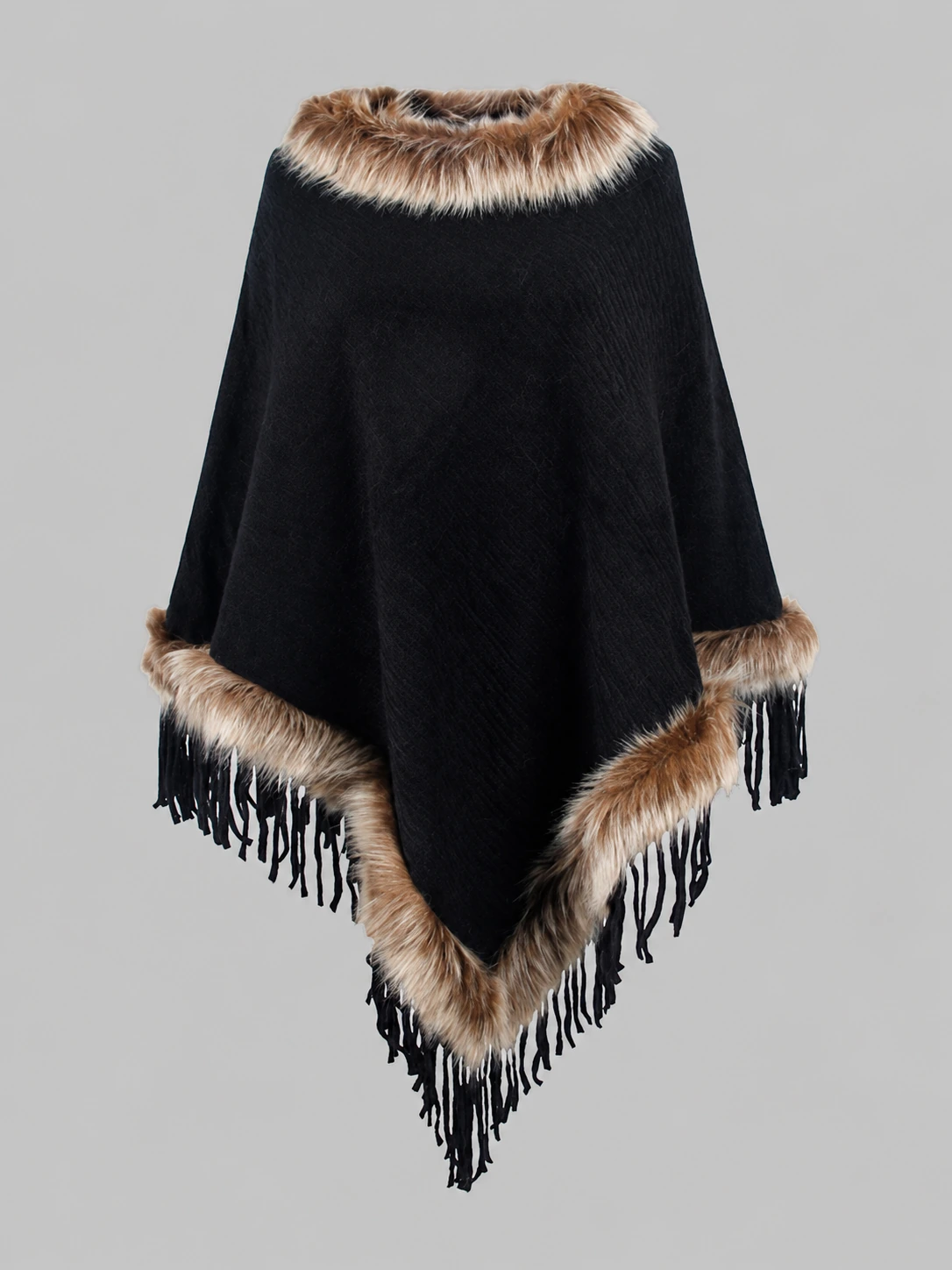 Faux Fur Trim Fringed Poncho product photo