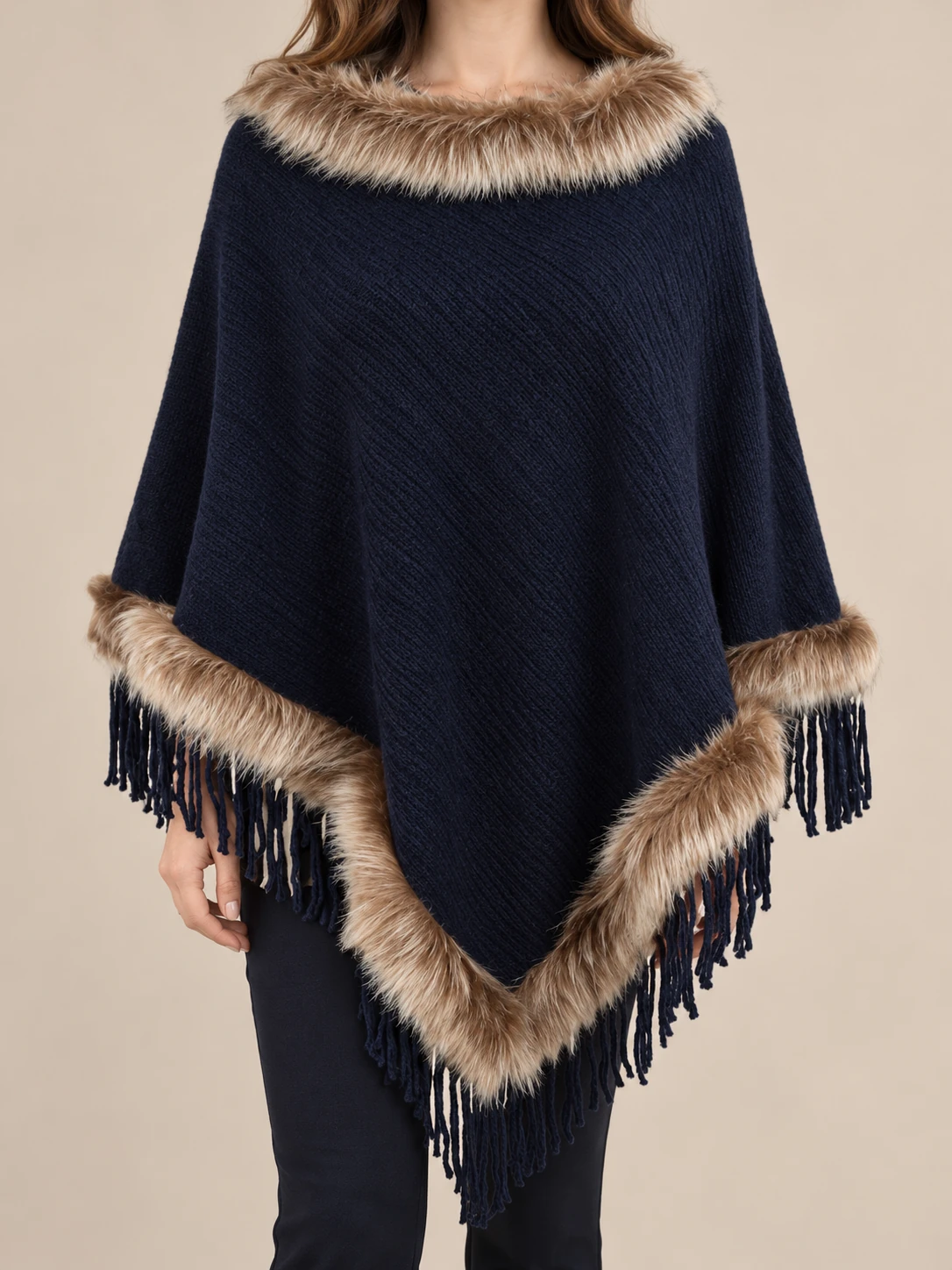 Syncreas Faux Fur Trim Fringed Poncho product photo